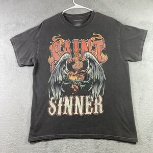 Saint and Sinner Shirt Adult Large Black Graphic Tee Flames Wings Heart